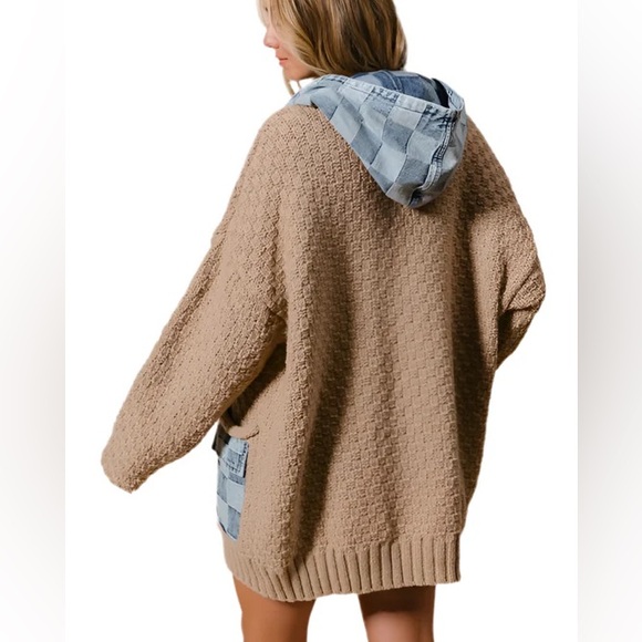 Zip Up Mixed Material Sweater Denim Jean Hoddie Jacket - Picture 3 of 3